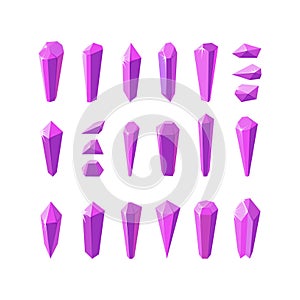 Pink crystal stones like amethyst quartz. Big set of gems or glass crystals. Vector illustration