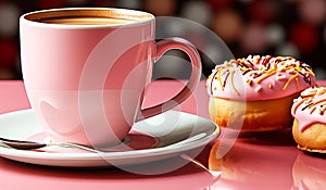Pink cup of coffee and tasty donuts. AI generated