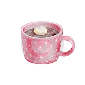 Pink cup of hot chocolate drink with heart shaped marshmallow. Valentines day concept
