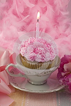 Pink Cupcake with Candle in Teacup