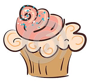 A pink cupcake with pink frosting and sprinkles vector or color illustration