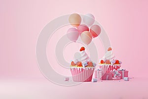 Pink cupcake with red strawberry , minimal marshmallow, cute gift box  and colorful balloon for valentine day and anniversary card