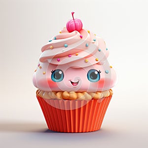 A pink cupcake with sprinkles and a cherry on top