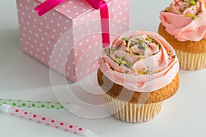 Pink cupcakes with gift box on white background - sweet muffins decorated with pistachio nut sprinkles