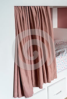 Pink curtains for bunk bed for girls in the bedroom without people