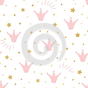 Pink cute princess pattern Seamless background with a pink crown gold stars on a white background vector