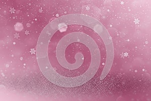 pink cute sparkling glitter lights defocused bokeh abstract background and falling snow flakes fly, festive mockup texture with