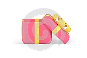 Pink cute wrapped open gift box package decorated yellow glossy bow ribbon realistic 3d icon vector