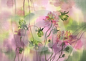 Pink dahlia flowers on color background watercolor painting