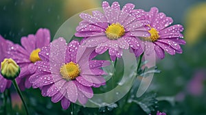 Pink Daisy Flowers Covered in Dew Drops