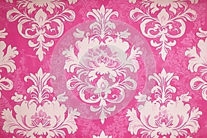 Pink damask wallpaper pattern adding a touch of vintage elegance and classic charm to interior design