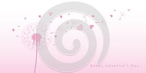 Pink dandelion with flying seeds and hearts for valentines day