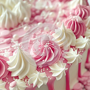 Pink decorative elements with cream cake closeup