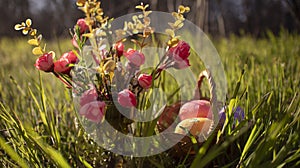 Pink decorative roses, Colorful  Easter eggs in basket hidden in the green grass. Easter egg hunt.