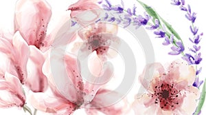 Pink delicate flowers and lavender Vector watercolor background. Spring summer textures