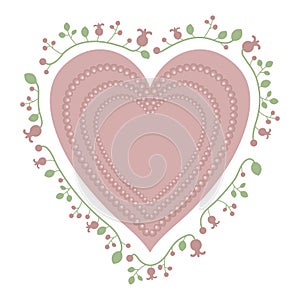 Pink delicate princess heart with pearl contours surrounded by floral patterns isolated on white background