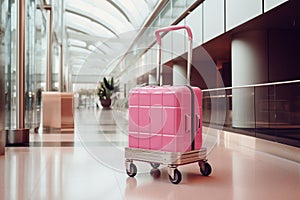 Pink departure traveler business leisure bag baggage trip suitcase vacation aerodrome voyage airplane arrival