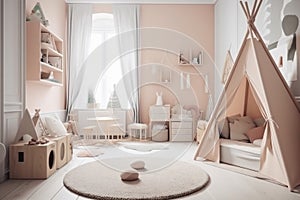 pink design house interior child bed toy home room furniture wall. Generative AI.