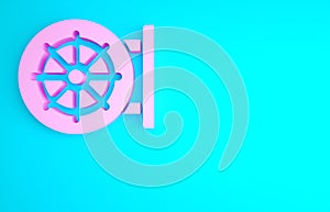 Pink Dharma wheel icon isolated on blue background. Buddhism religion sign. Dharmachakra symbol. Minimalism concept. 3d