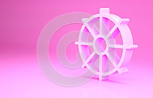 Pink Dharma wheel icon isolated on pink background. Buddhism religion sign. Dharmachakra symbol. Minimalism concept. 3d