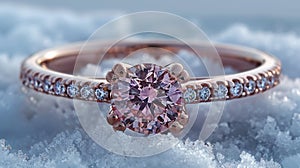 A pink diamond ring sitting on top of snow, AI