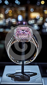 a pink diamond ring on a stand