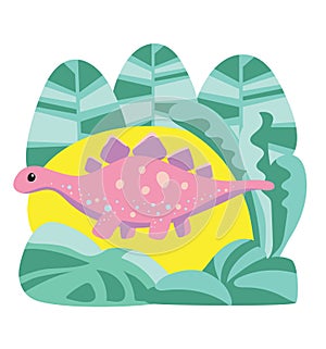 pink dinosaur on a background of green trees. vector illustration