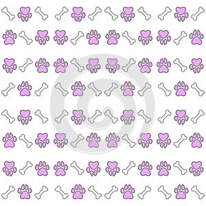 pink dog paws and bones, pink dog or cat paws on white background, dog or cat footprints, footprints pattern.