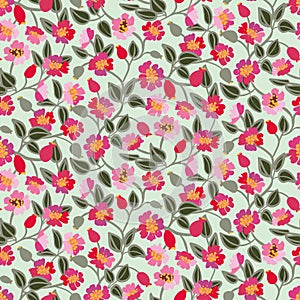 Pink dog roses flowers seamless vector pattern