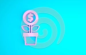 Pink Dollar plant icon isolated on blue background. Business investment growth concept. Money savings and investment