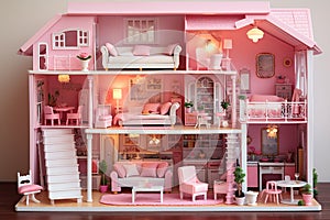 Pink dollhouse with pink interior. Generated by artificial intelligence