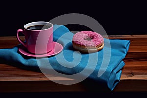 Pink Donut and pink cup of coffee. Generative AI