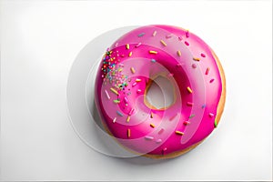 Pink donut decorated with colorful sprinkles isolated on white background. Flat lay. Top view