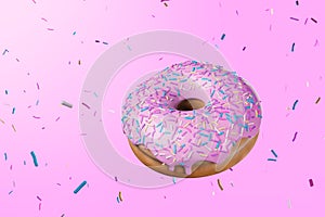 Pink donut floating with explosion of colorful sprinkles on pink background.