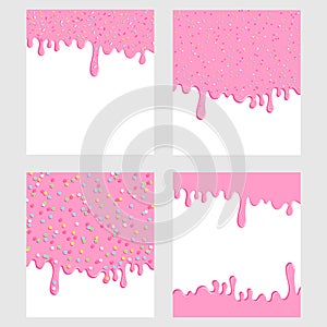 Pink donut glaze background set. Liquid sweet flow, tasty dessert topping with colorful stars and sprinkles. Ice cream drips. Vect