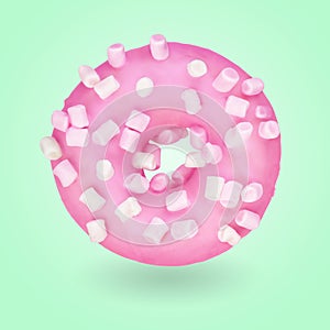 Pink donut on green backdround