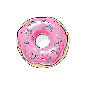 Pink donut hand drawn vector illustration isolated on white