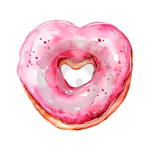 Pink donut heart shaped. Clipart image isolated on white background. Realistic 3D heart shaped donut with glossy pink on top