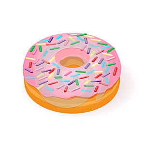 Pink donut icon. Isometric illustration of pink donut vector with colorful sprinkles isolated on white background