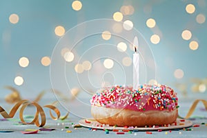 Pink donut and one burning candle against bokeh light background. Happy birthday concept