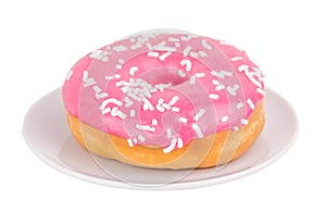 Pink donut on a plate isolated on white background