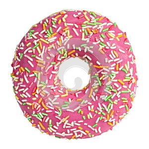 Pink donut with sprinkles isolated on white background