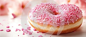 Pink donut with sprinkles on a white background