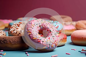 Pink donuts with sprinkles. Sweet food background, freshly baked donut. AI generated image