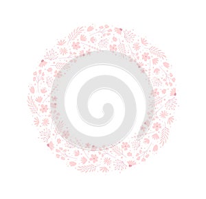 Pink doodle flowers wreath. Cute floral circle frame