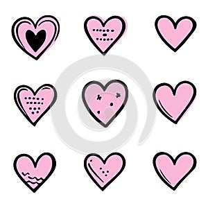 Pink doodle hearts, hand drawn love heart collection isolated on white background. Vector illustration for any design