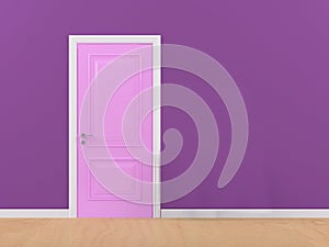 Pink door isolate on purple wall background