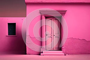 Pink door on the side of building. Pink color concept. Generative AI