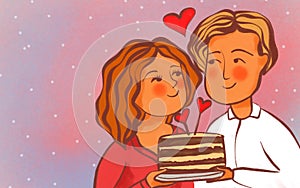 Pink dotted postcard for valentine`s day. couple in love together. birthday cake, hearts