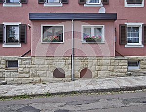 Pink double house facade, Altenburg Germany